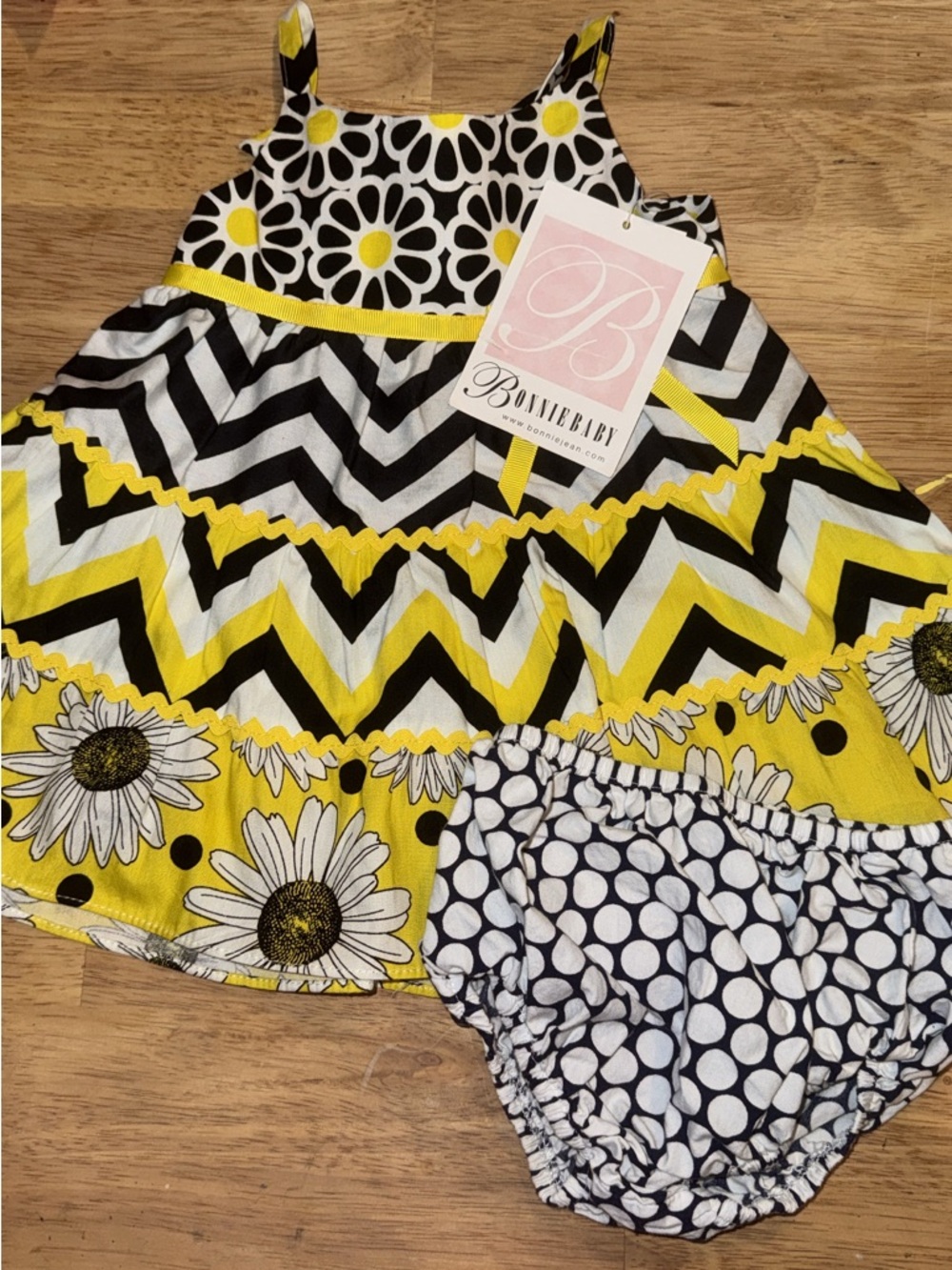 Bonnie Baby Yellow Black White Floral Chevron Dress & Polka Dot Bloomer Set